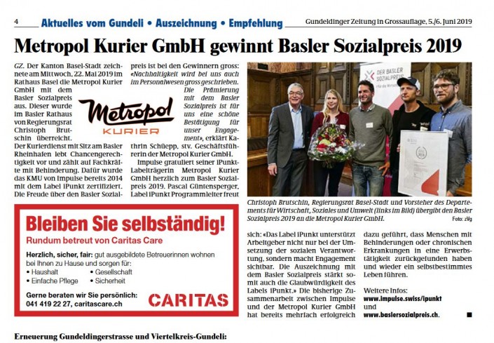 Das Foto zeigt den Artikel in der Gundeldinger Zeitung