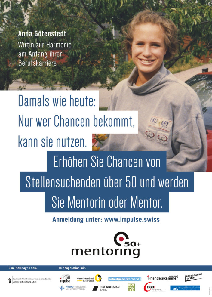 Mentoring Flyer: Anna Götenstedt, Wirtin Restaurant Zur Harmonie in Basel, am Anfang ihrer Berufskarriere.