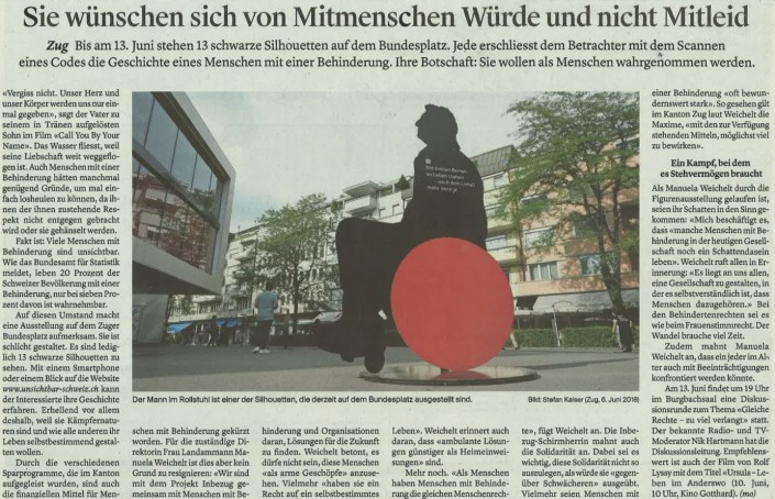 Das Foto zeigt den Artikel über die Kampagne «Unsichtbar» in der Zuger Zeitung