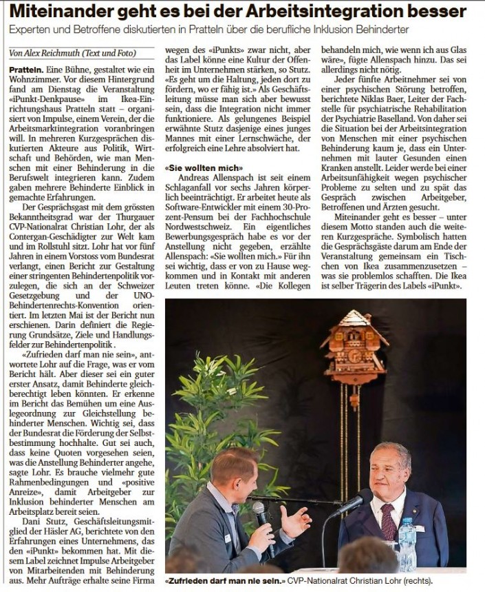 Das Foto zeigt den Artikel über die iPunkt-Denkpause 2018 in der Basler Zeitung